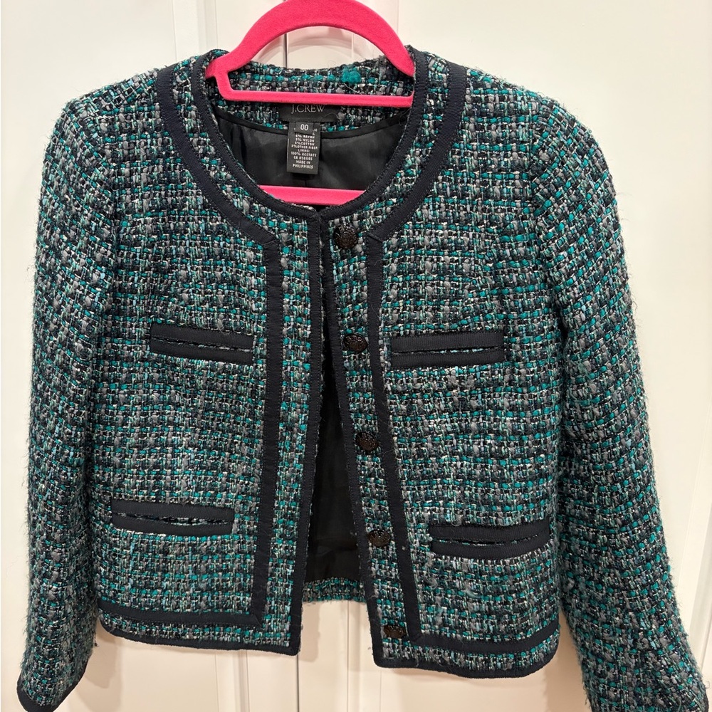 J. Crew Teal and Black Tweed Collarless Jacket